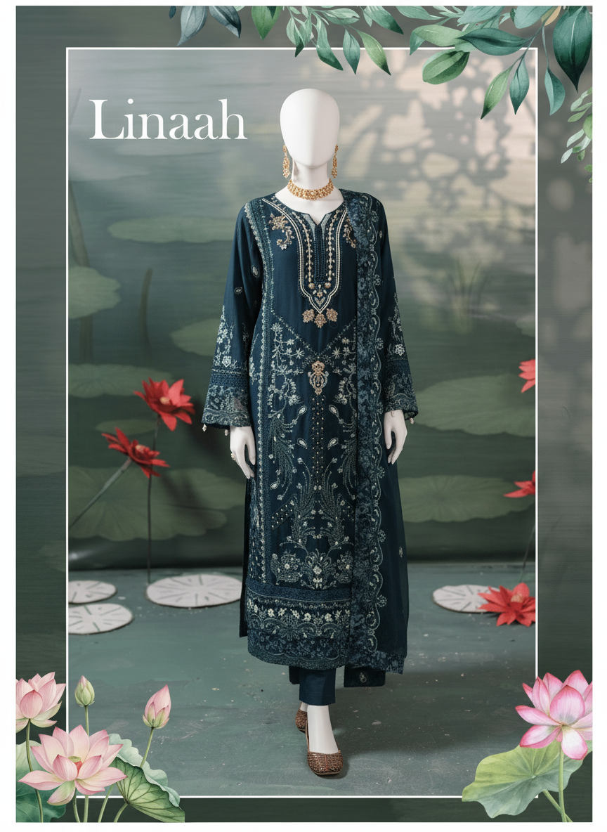 Woman wearing a dark blue embroidered outfit with 'Linaah' branding, standing against a decorative background with flowers and leaves.
