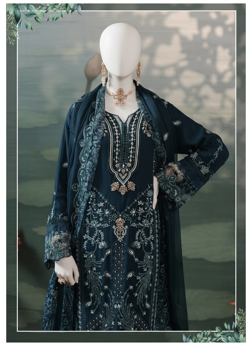 Woman wearing an embroidered dark blue traditional outfit with a blurred natural background