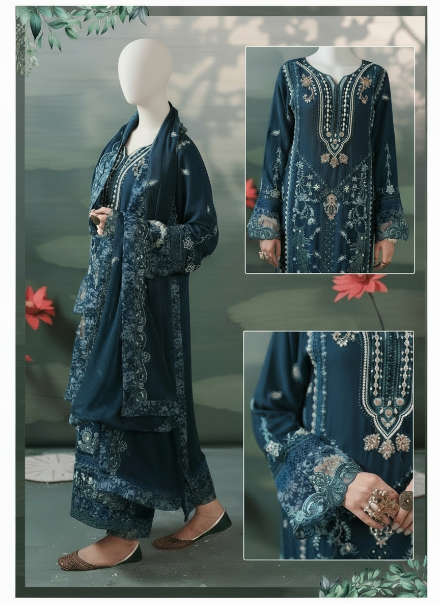 Woman wearing a blue embroidered traditional outfit with close-up details on a gray background.