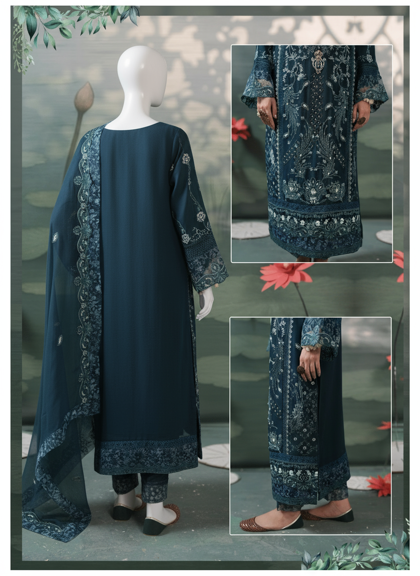 Woman wearing a dark blue traditional outfit with floral patterns, standing outdoors.