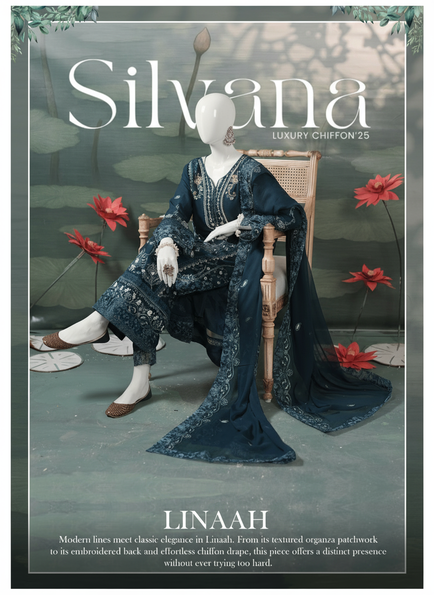 Woman in a blue embroidered outfit sitting on a chair with 'Silviana' branding.