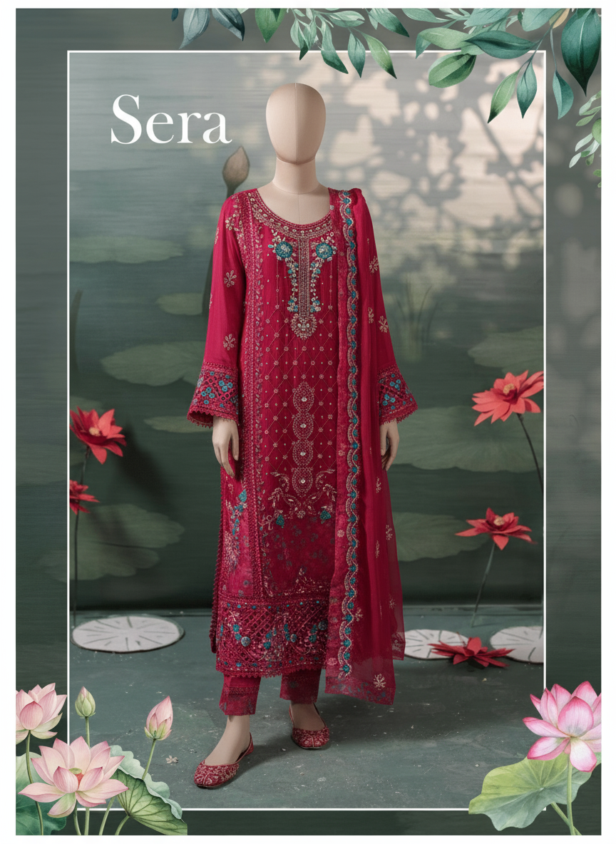 Woman wearing a red embroidered outfit with 'Sera' branding, surrounded by pink flowers and green leaves.