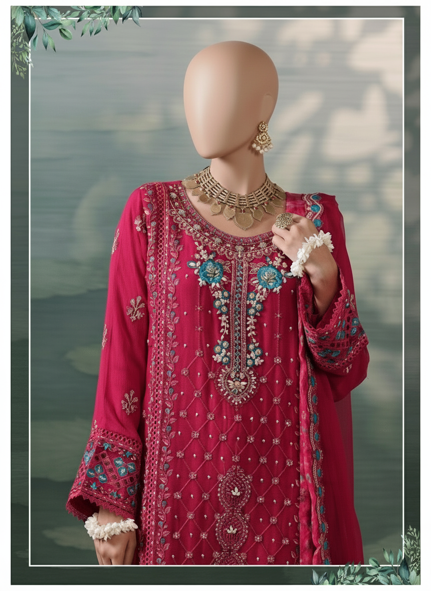 Woman wearing a red embroidered traditional outfit with jewelry against a natural background