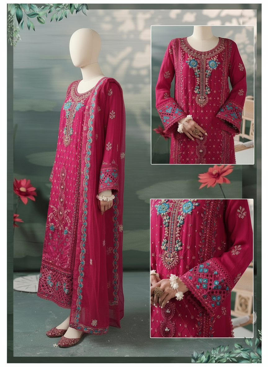 Woman wearing a magenta embroidered traditional outfit with close-up details.