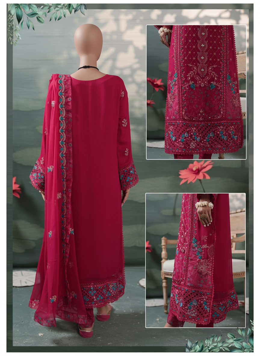 Red traditional outfit with floral patterns on a green background