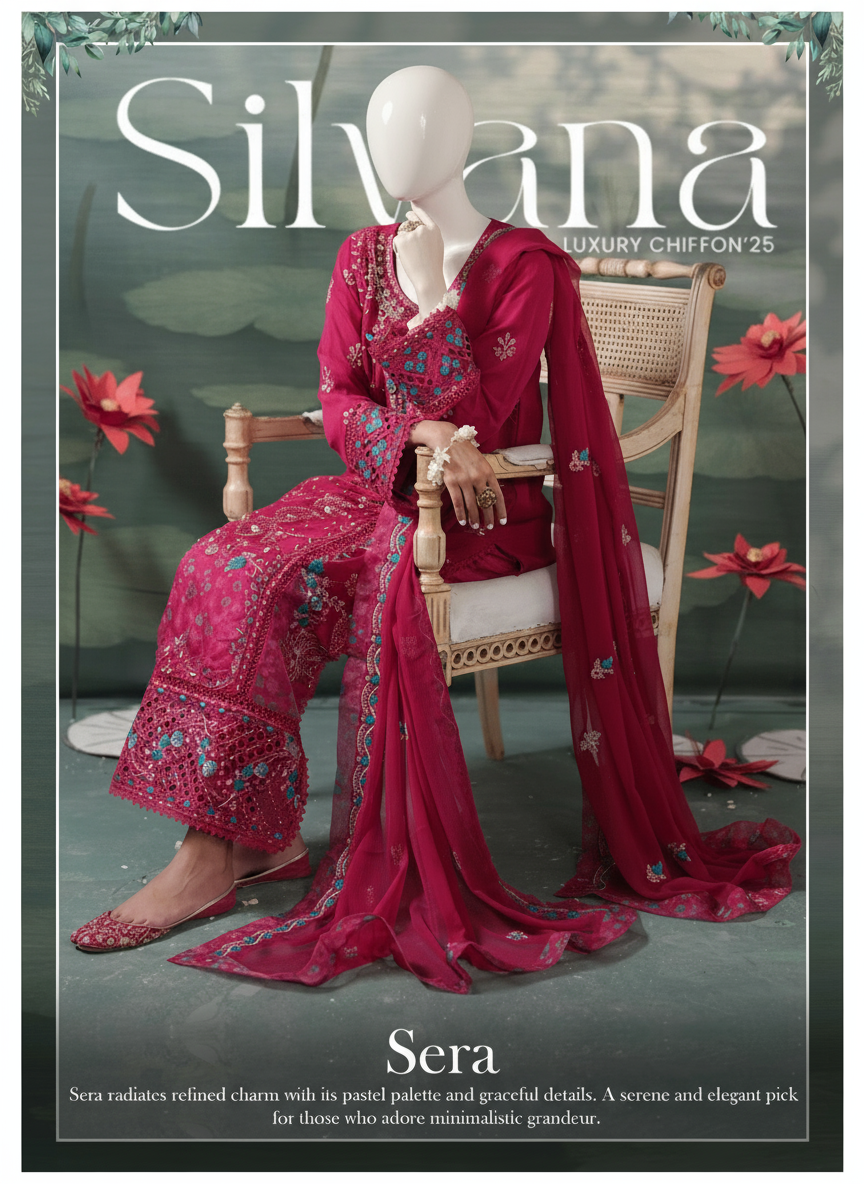 Woman in a pink outfit with floral patterns sitting on a chair, surrounded by flowers, with 'Silvana' branding.
