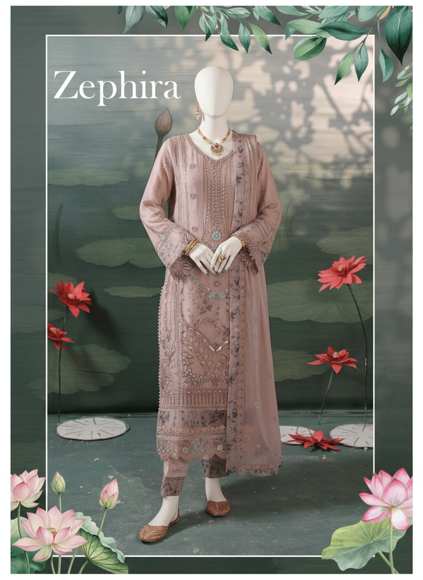 Woman in a pink embroidered outfit standing in front of a decorative background with 'Zephira' branding.
