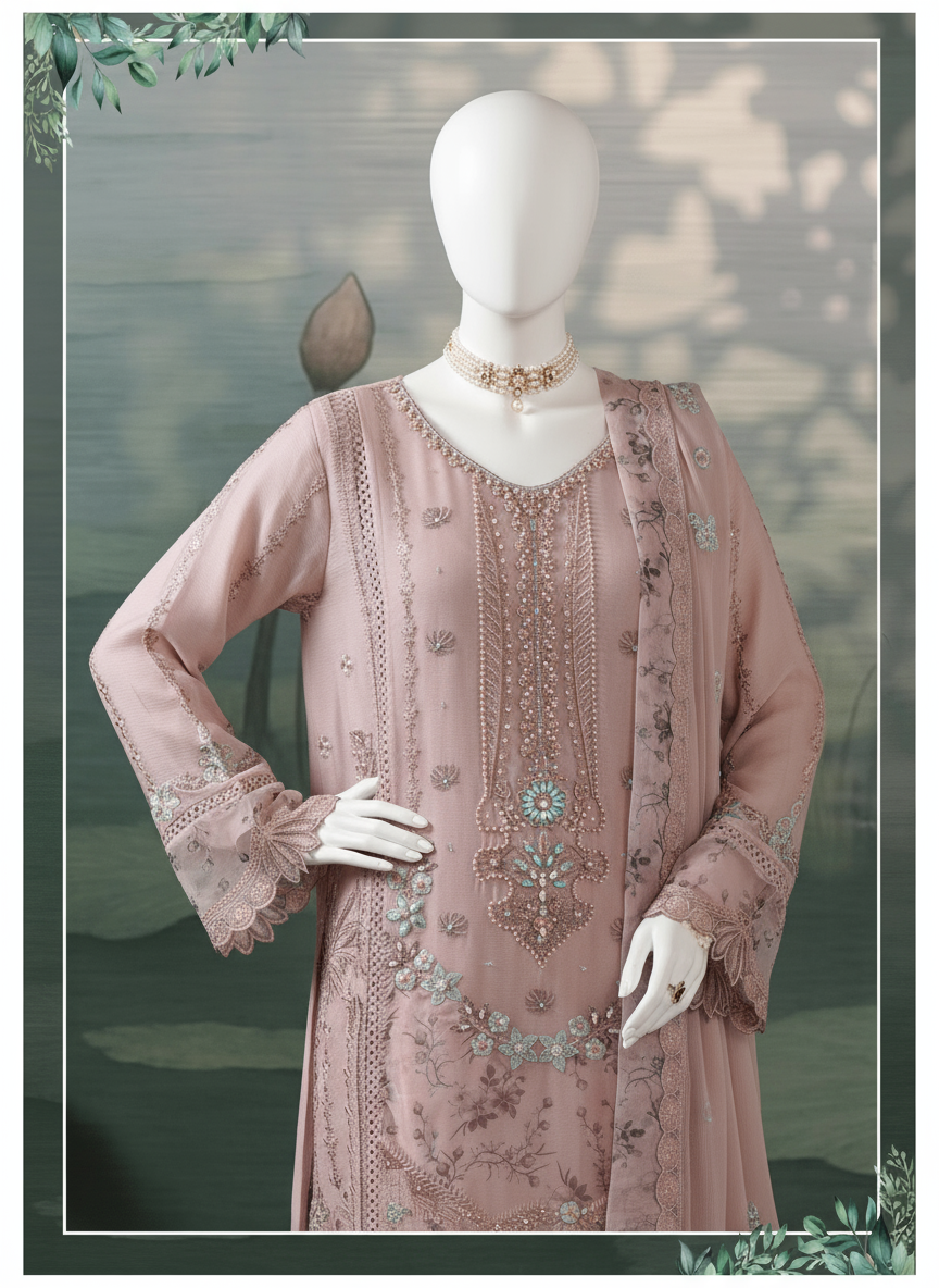 Woman wearing a pink embroidered dress with a green leafy background