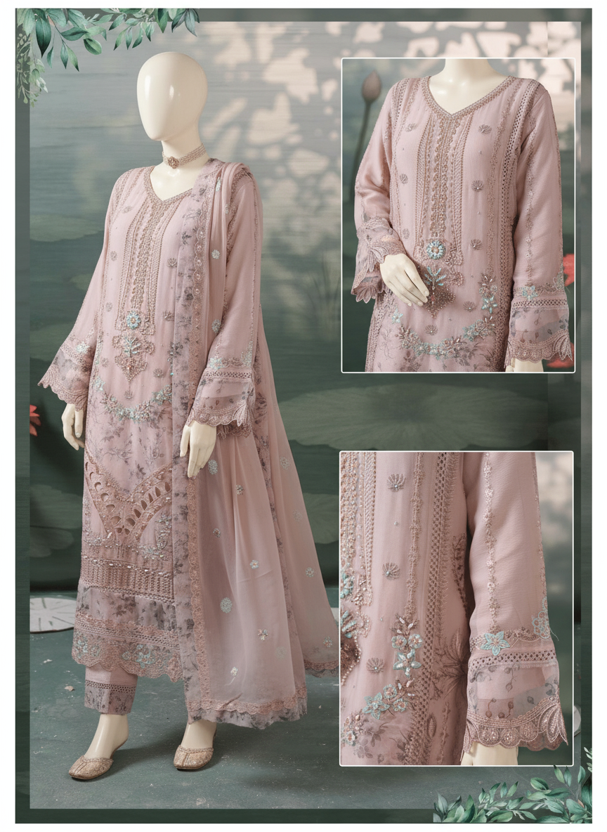 Woman wearing a light pink embroidered outfit with close-up details on a green background