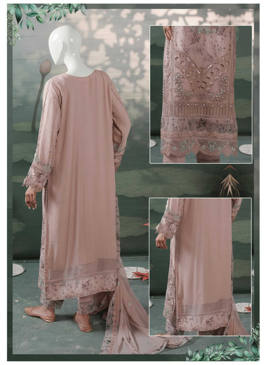 Woman wearing a light pink traditional outfit with intricate patterns, standing outdoors.