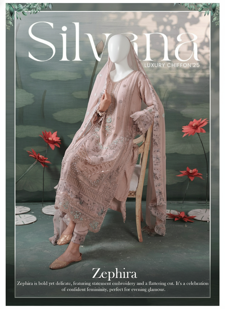 Silviana Luxury Designer clothing advertisement with a model in a pink traditional outfit.