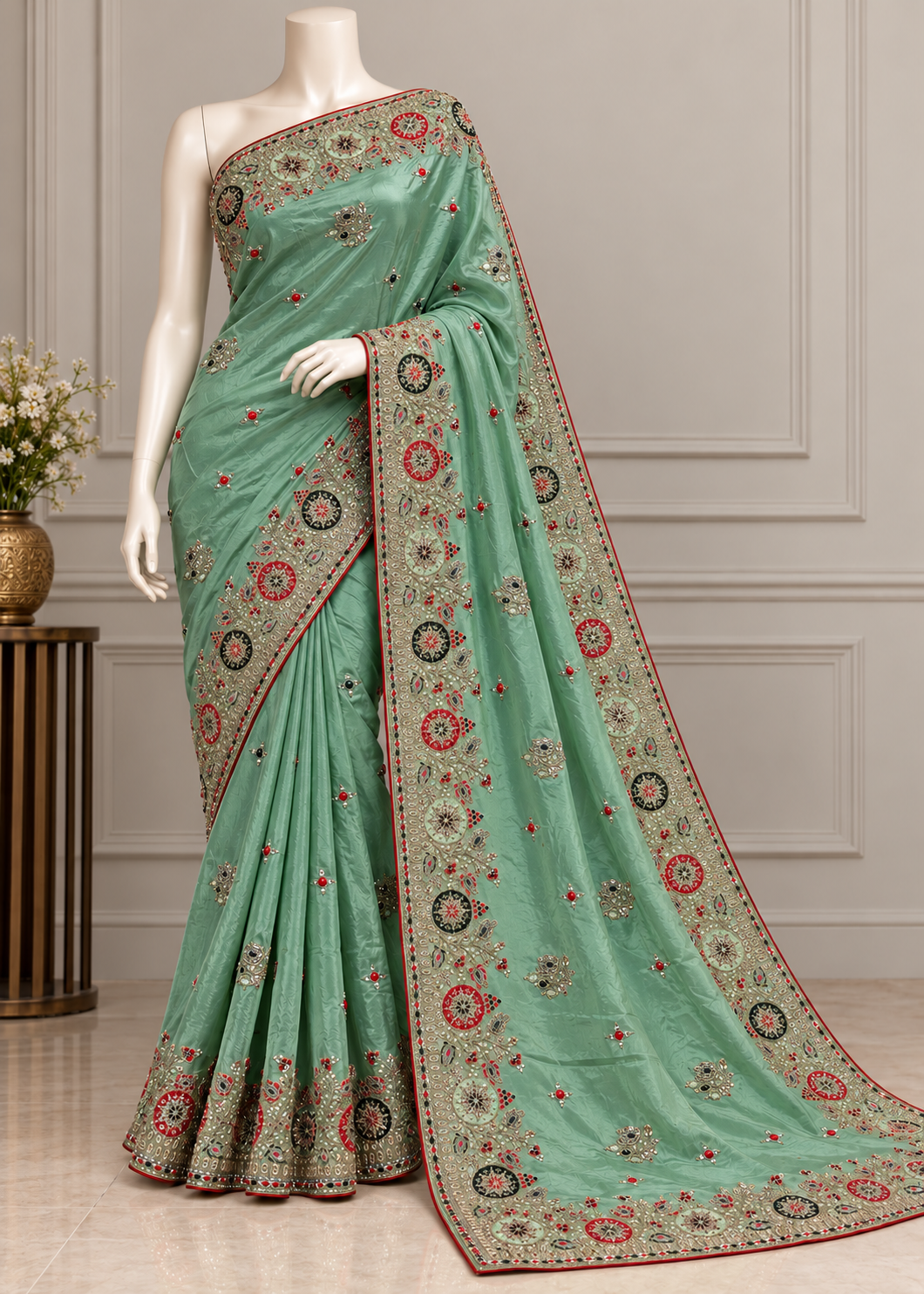 A mint green saree with intricate red, gold, and black floral embroidery, displayed on a white mannequin in an indoor setting with a neutral paneled wall background.