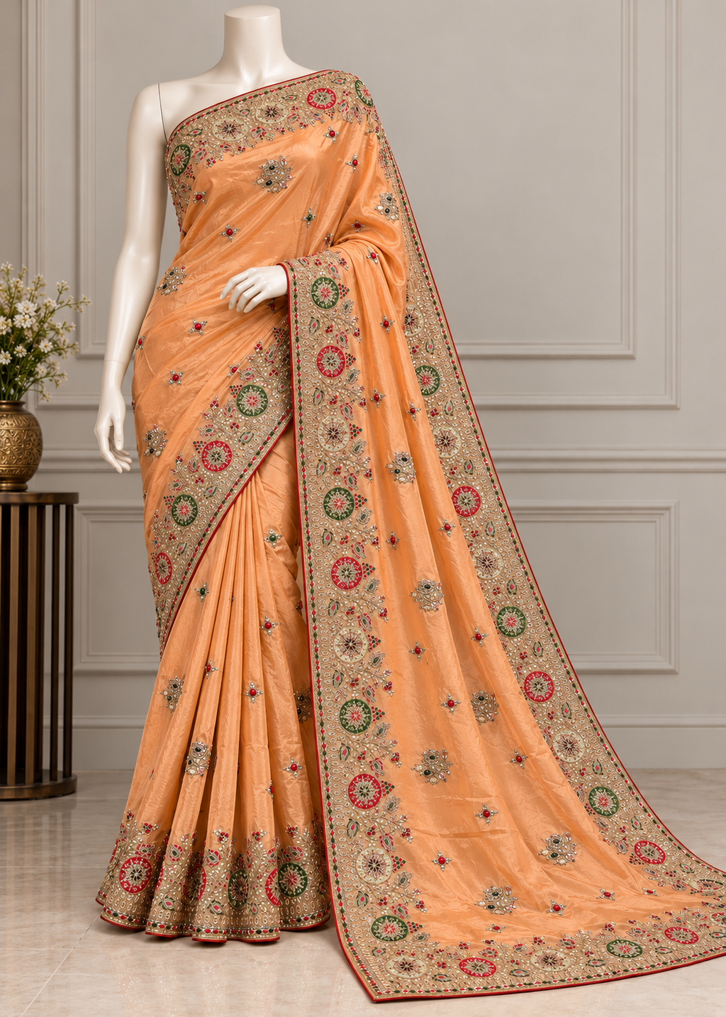 An orange saree with intricate multicolor floral embroidery and a wide decorative border, displayed on a white mannequin in an indoor studio setting.