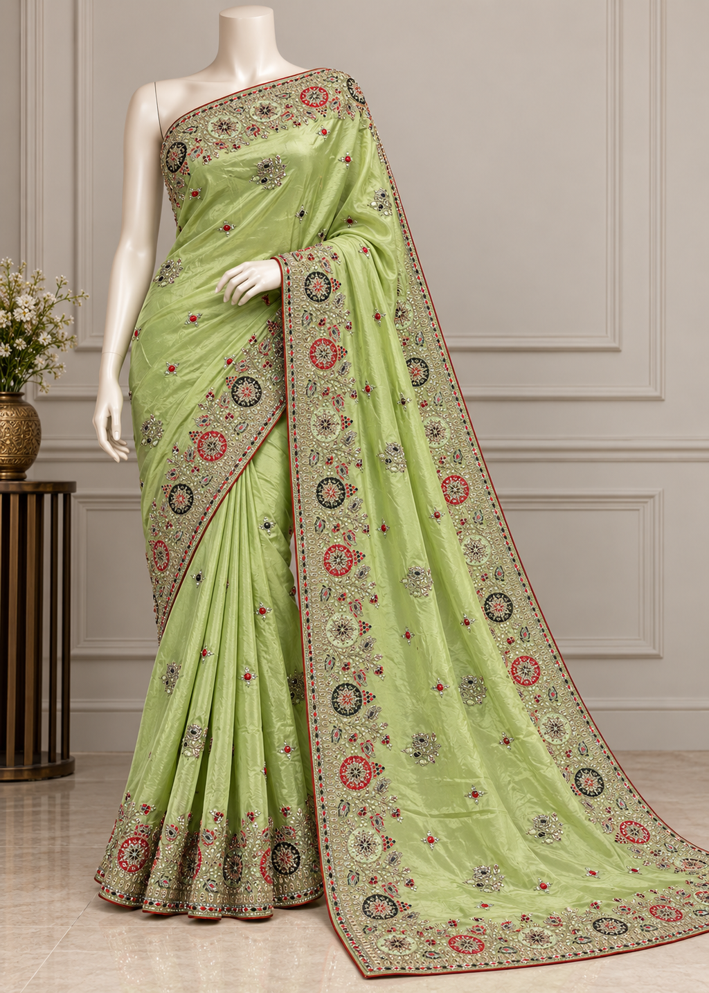 A light green saree with intricate multicolor floral embroidery and a wide decorative border, displayed on a white mannequin in an indoor studio setting.