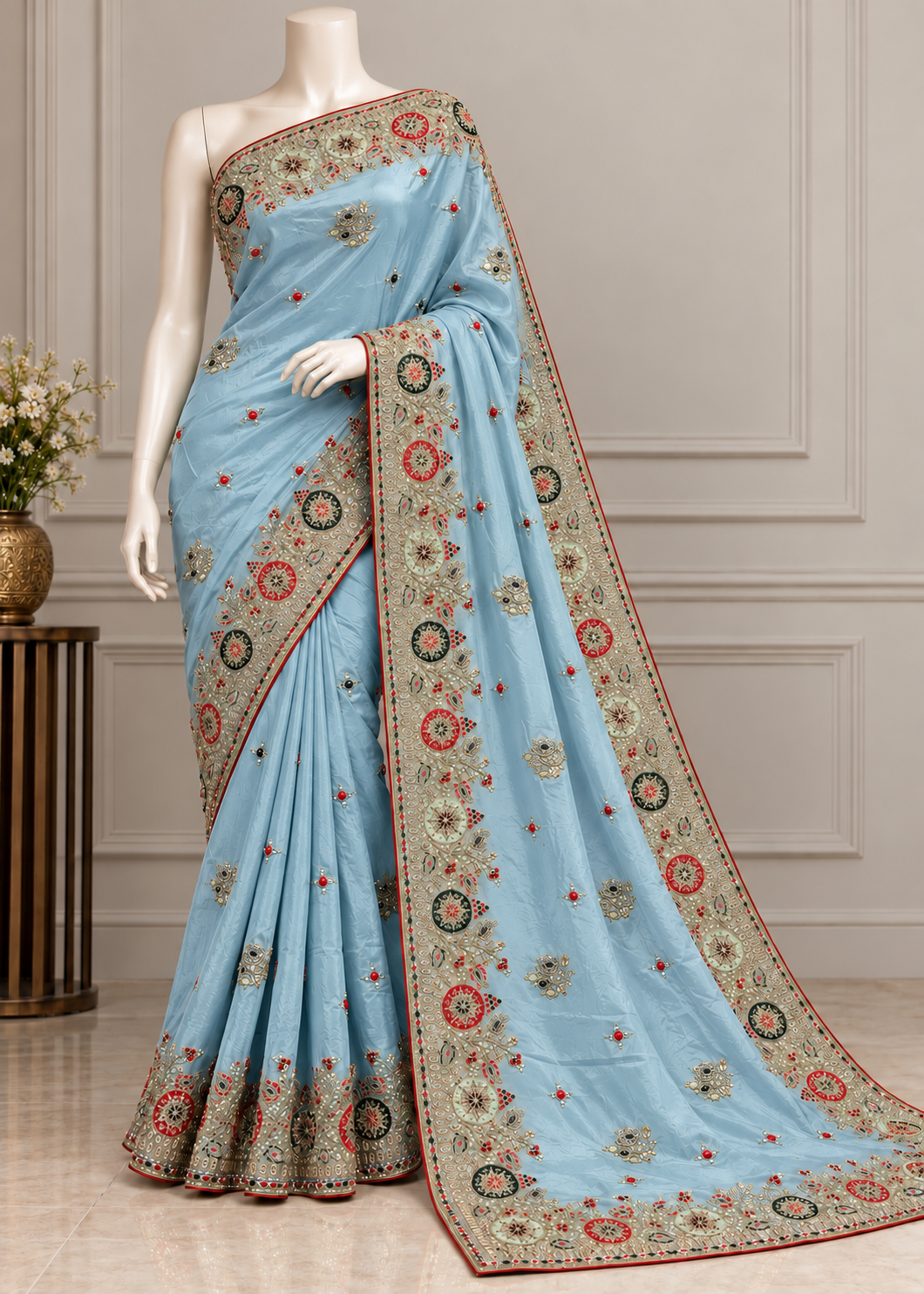 A light blue saree displayed on a mannequin in an indoor studio setting. The saree features intricate multicolor floral and geometric embroidery along the border and pallu, with a matching embroidered blouse.