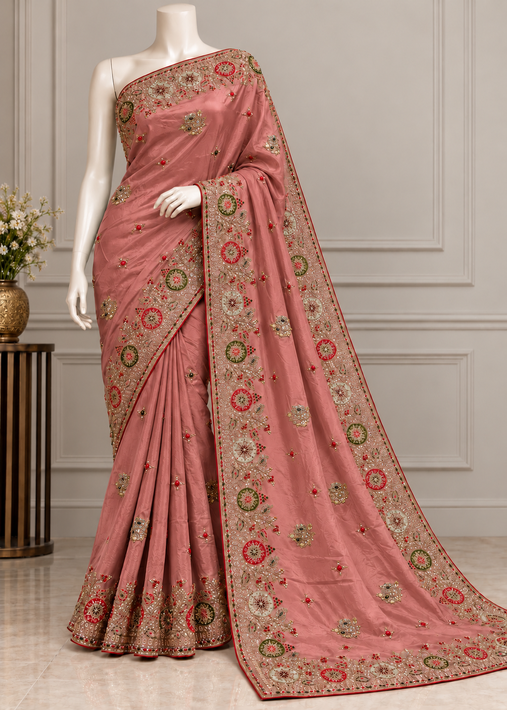 A dusty pink saree with intricate gold, green, and red floral embroidery, displayed on a white mannequin in an elegant indoor setting.
