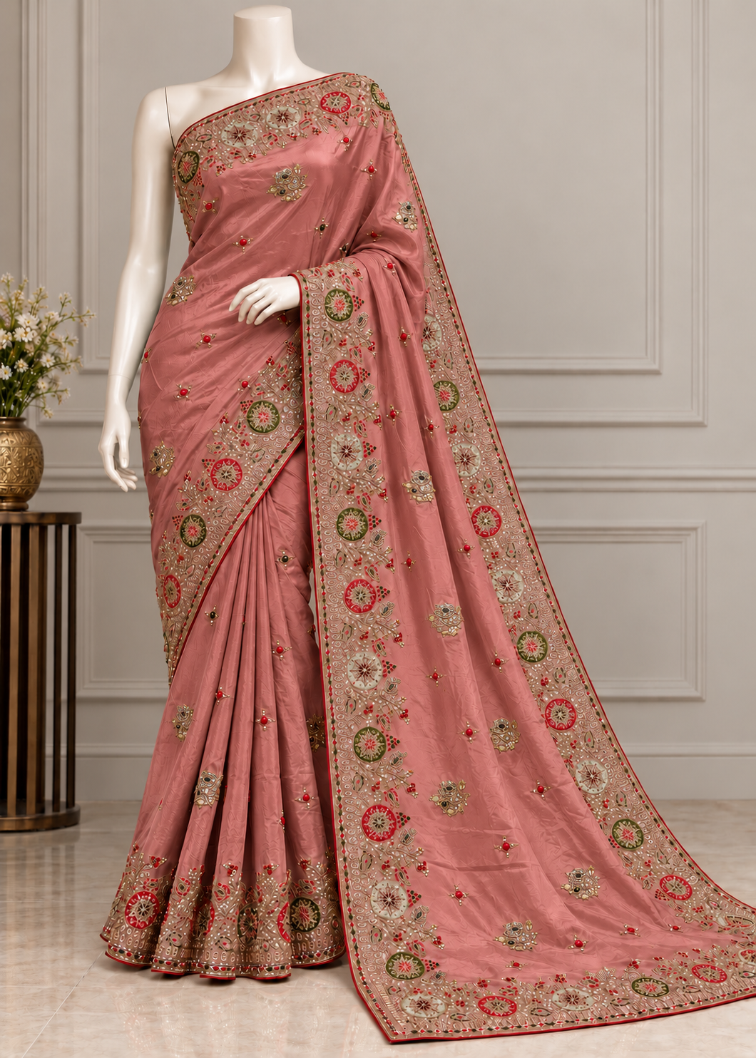 A dusty pink saree with intricate gold, green, and red floral embroidery, displayed on a white mannequin in an elegant indoor setting.