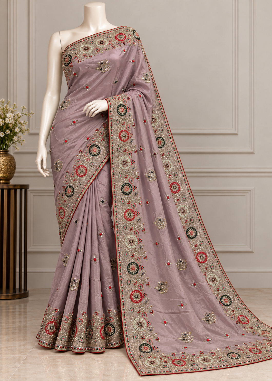 A mauve purple saree with intricate multicolor floral embroidery and a wide decorative border, displayed on a white mannequin in an elegant indoor setting.